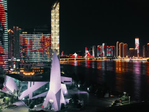 长沙北辰三角洲航拍 湖南湘江 长沙晚霞 长沙日落 长沙城市地标 长沙航拍 长沙三馆一厅 长沙沿江风光 灯光秀 黄昏 动态灯光 城市景观